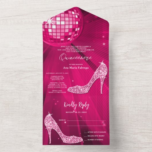 Disco-Ball und Heelse Pink Quinceñera All In One Einladung (Innen Boden)