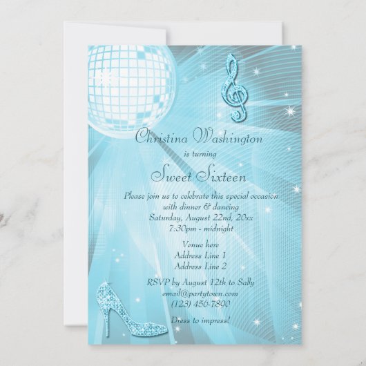 Disco Ball und Sparkle Heelse Sweet 16 Light Blue Einladung (Rückseite)