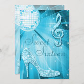 Disco Ball und Sparkle Heelse Sweet 16 Light Blue Einladung (Vorne/Hinten)