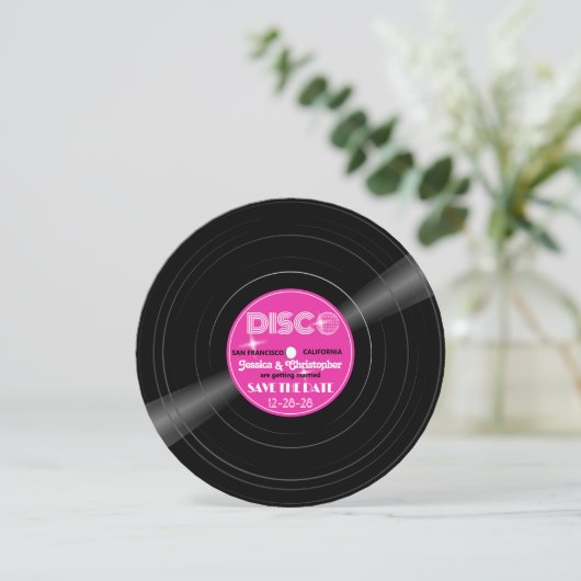 DISCO Ball Vinyl Record - Groovy Lila Save The Date (Stehend Vorderseite)