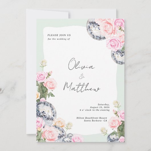 Disco Ball Wedding Einladung Blumengrün (Vorderseite)