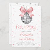 Disco ball with pink bow girl birthday  einladung (Vorne/Hinten)