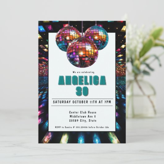 Disco Birthday Aquamarin Black Einladung (Stehend Vorderseite)