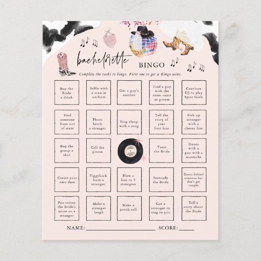 Disco Cowgirl | Bachelorette Bingo Party Game Card (Vorderseite)