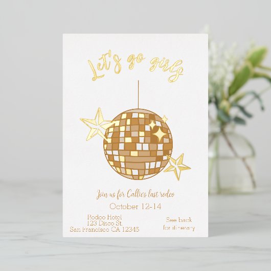 Disco Cowgirl Bachelorette Itinerary Folieneinladung (Stehend vorne)