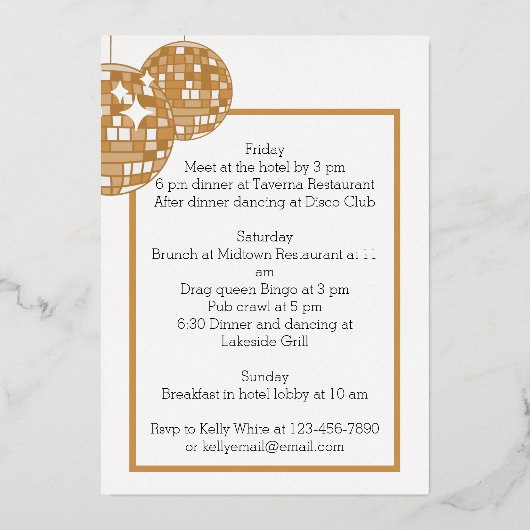 Disco Cowgirl Bachelorette Itinerary Folieneinladung (Rückseite)