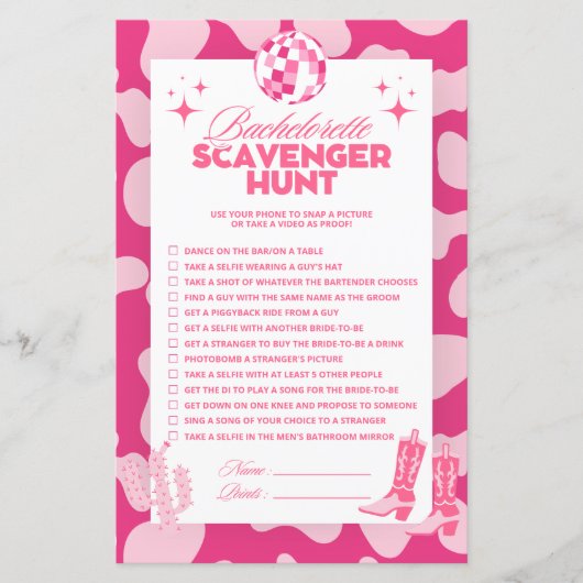 Disco Cowgirl Bachelorette Scavenger Hunt Game (Vorderseite)