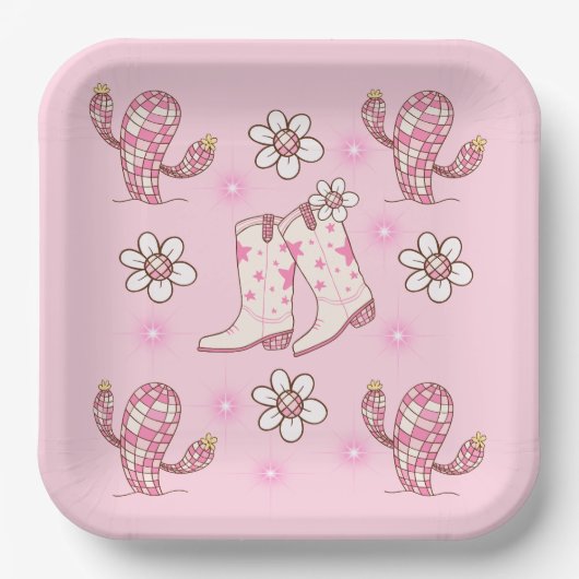Disco Cowgirl Boot Cactus and Flowers Pappteller (Vorderseite)