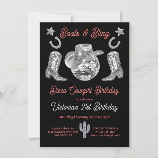 Disco Cowgirl Boots & Bling Kristall Birthday Einladung (Vorderseite)