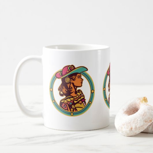 Disco Cowgirl Mug – Retro Western Autumn Vibes Kaffeetasse (Mit Donut)
