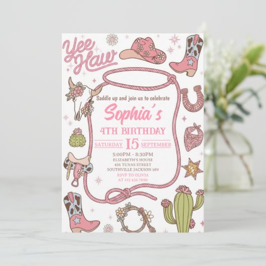 Disco Cowgirl Nashville Pink Rodeo Birthday Party Einladung (Stehend Vorderseite)
