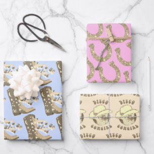 Disco-Cowgirl-Stiefel Hufeisen Rosa Blau Beige Gol Geschenkpapier Set