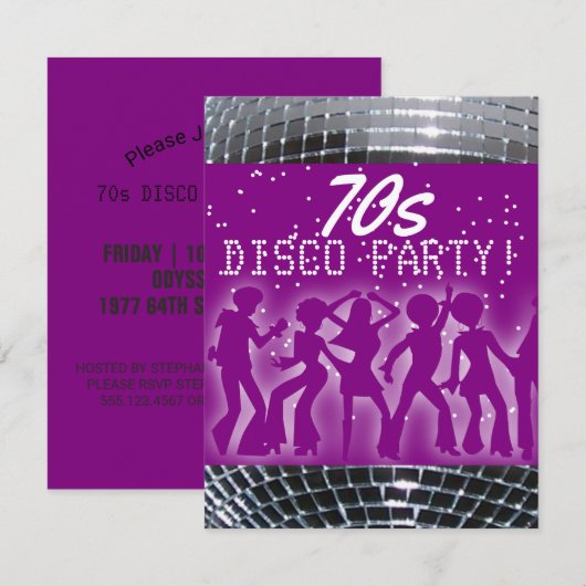 Disco Dance Party Lila | Retro 70er-Themenparty Einladung (Vorne/Hinten)