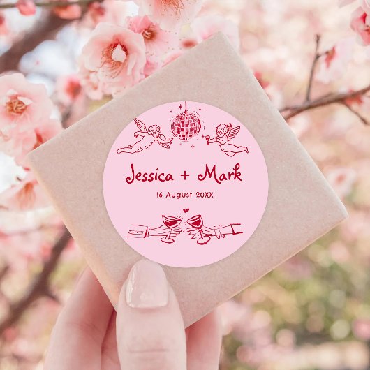 Disco Funky Hand Drawn Wedding Runder Aufkleber