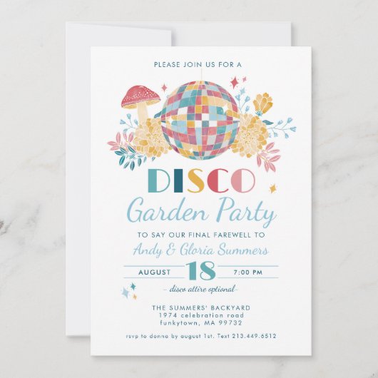 Disco Garden Party 70's Theme Going Away Party Einladung (Vorderseite)