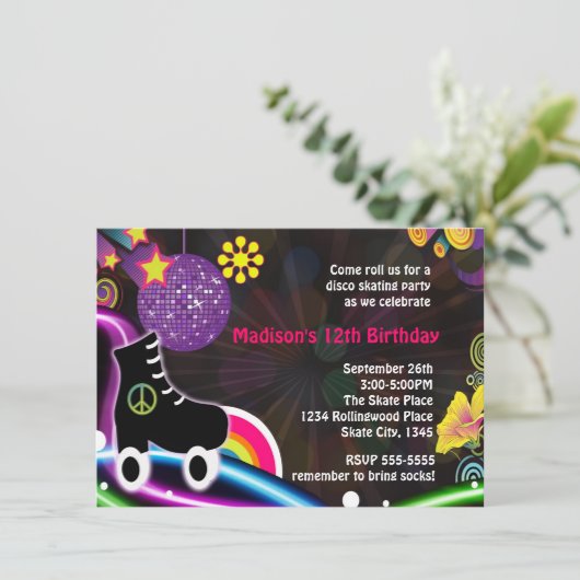 Disco Glow Roller Skaten Skate Party Einladung (Stehend Vorderseite)