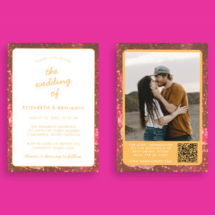 Disco-Kugel QR-Code Foto Hot Pink Orange Hochzeit Einladung