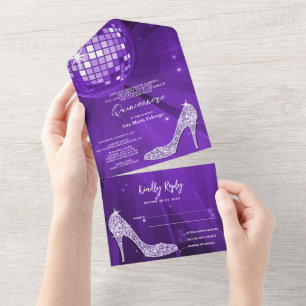 Disco Kugel und Absätze Lila Quinceañera All In One Einladung