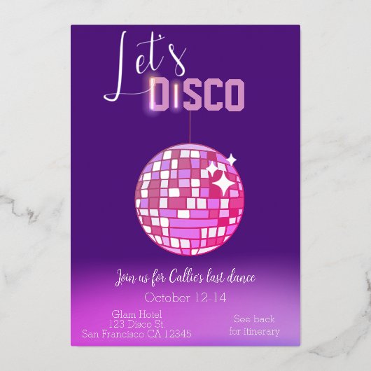 Disco Neon Bachelorette von lass Folieneinladung (Vorderseite)