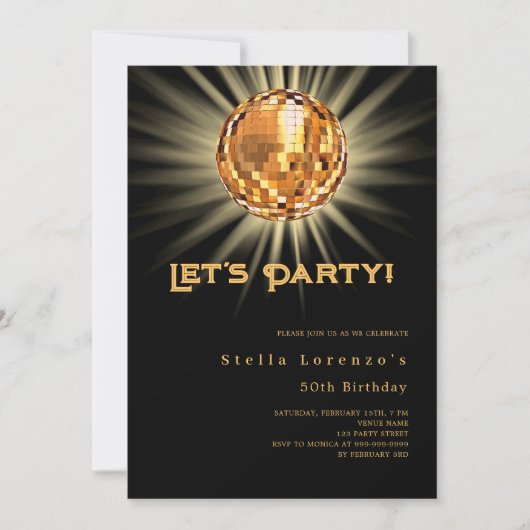 Disco Party Black Gold Geburtstag Einladung (Vorderseite)