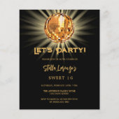 Disco Party Black Gold Sweet 16-Budget-Einladung (Vorderseite)