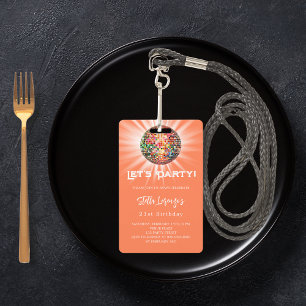 Disco Party Korallenorange Einladung zum Geburtsta Ausweis