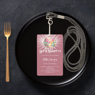 Disco Party Rose Gold Einladung zum Geburtstag Ausweis
