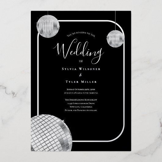 Disco Retro Black Silver Wedding Folieneinladung (Vorderseite)