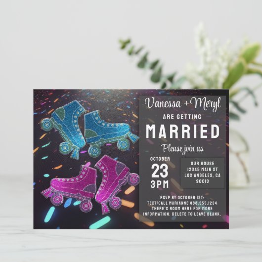 Disco Rollerskating Wedding Glitzer Roller Skate Einladung (Stehend Vorderseite)