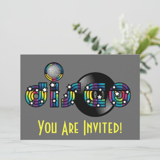 Disco Tancing Mirrored Ball und Vinyl Record Einladung (Stehend Vorderseite)