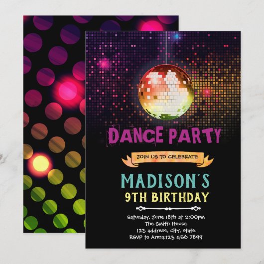 Disco-Tanz-Geburtstagsfeier Einladung (Vorne/Hinten)