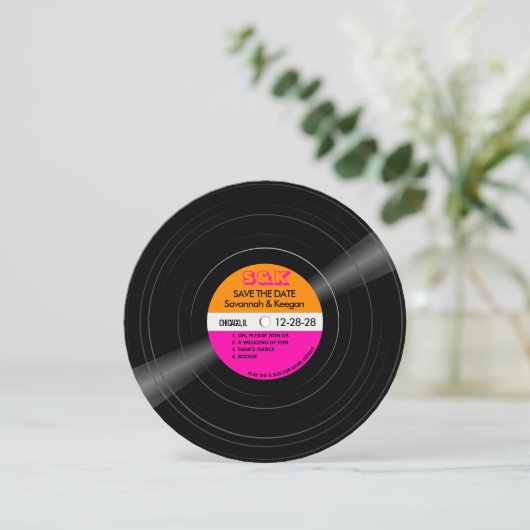Disco Vinyl Record Rosa Streifen Hochzeit Save The Date (Stehend Vorderseite)