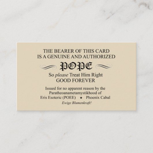 Discordian Papst Card (Phoenix-Kabaleversion) Visitenkarte (Vorderseite)