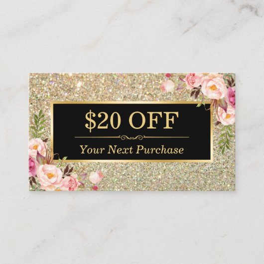 Discount Coupon Beauty Salon Floral Gold Glitzer (Vorderseite)