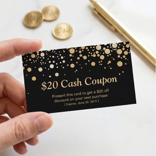 Discount Coupon Card Bright Black Gold Confetti