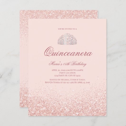 Discount Rose Gold Glitzer Quinceanera Einladung (Vorne/Hinten)