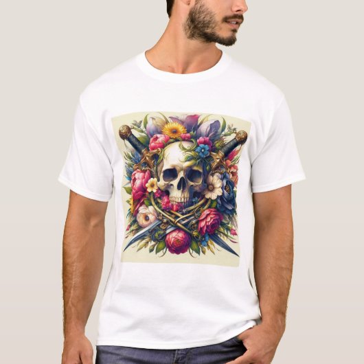 Diseño de Calaveras, Flores y Espadas T-Shirt (Vorderseite)