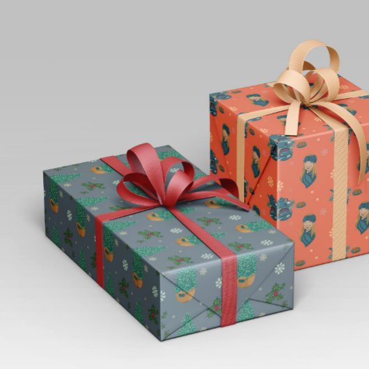 Diseño navideño con árbol, copos nieve y acebo. geschenkpapier