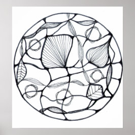 Diseño zen abstracto de hojas blanco y negro poster