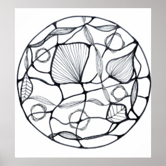Diseño zen abstracto de hojas blanco y negro poster