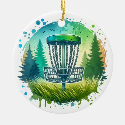 Disk Golf Basket und Pine Trees Blau und Grün Keramik Ornament (Vorne)
