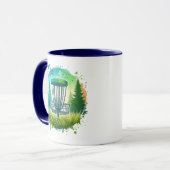 Disk Golf Basket und Pine Trees Blau und Grün Tasse (Vorderseite Links)