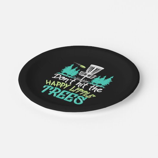 Disk Golf trifft die glücklichen kleinen Bäume Pappteller (Schrägansicht)