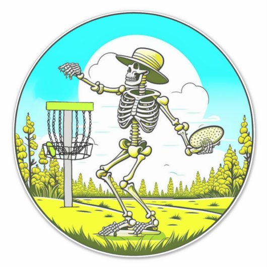 Disk Golfing Skeleton in Hat Retro Aufkleber (Vorderseite)
