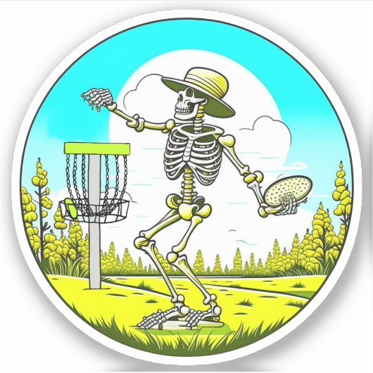 Disk Golfing Skeleton in Hat Retro Aufkleber (Vorderseite)