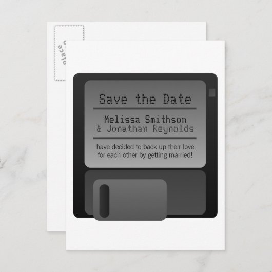 Diskette Save the Date Postkarte, grau Ankündigungspostkarte (Vorne/Hinten)