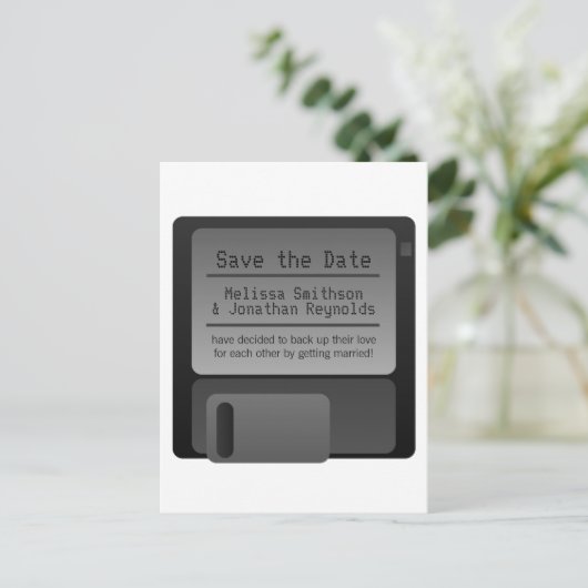 Diskette Save the Date Postkarte, grau Ankündigungspostkarte (Stehend Vorderseite)
