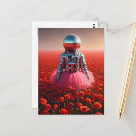 Diskoastronaut auf einem Mohnfeld Postkarte (Vorderseite/Rückseite Beispiel)