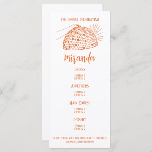 Diskothek Ball Dinner Menü Orange Menükarte (Vorne/Hinten)