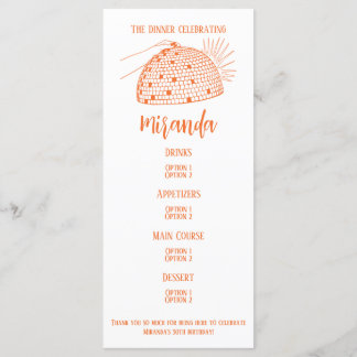 Diskothek Ball Dinner Menü Orange Menükarte